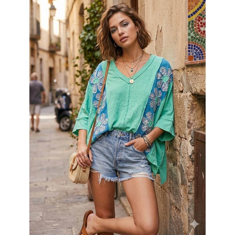 Bluevelvet Aqua Green Floral Patchwork Top - New with Tags